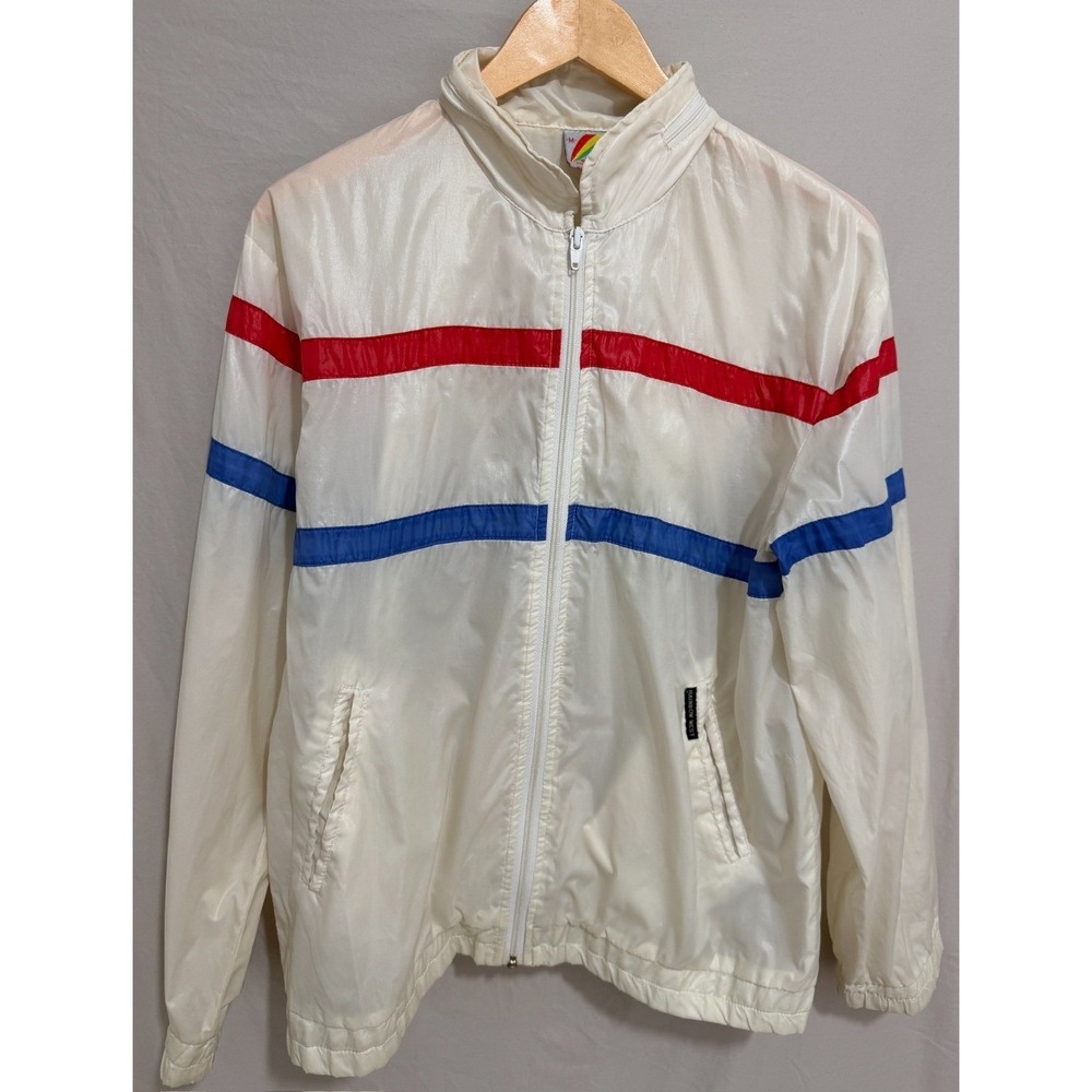 Vintage 80s Rainbow West Striped Nylon Windbreaker Jacket White Red Blue M